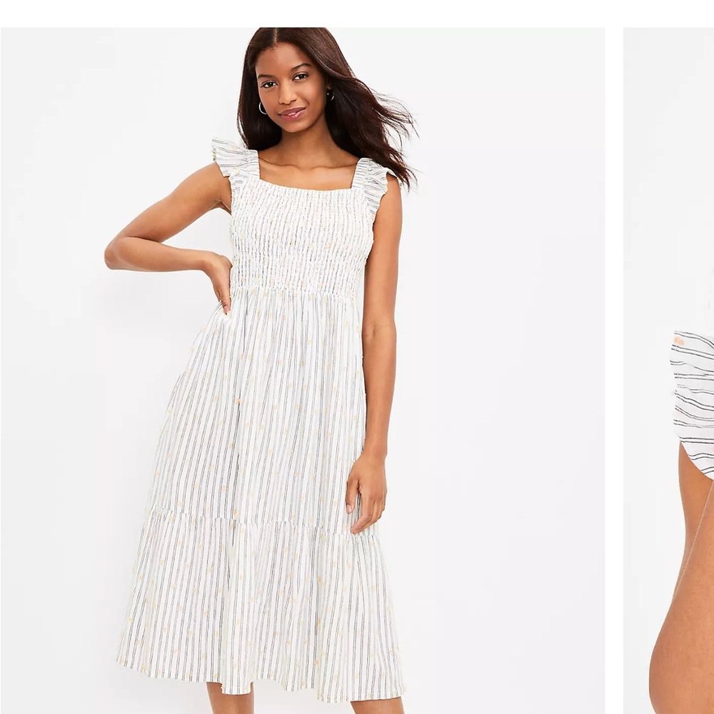 Loft Smocked Ruffle Sleeveless Midi Dress